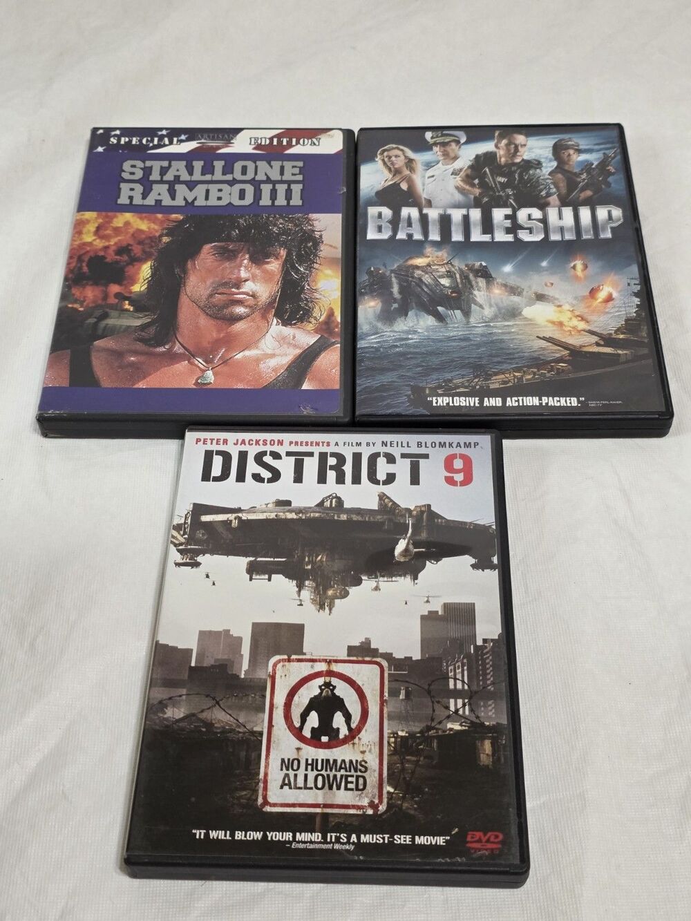 District 9, Battleship, Stallone Rambo III 3 DVD Lot